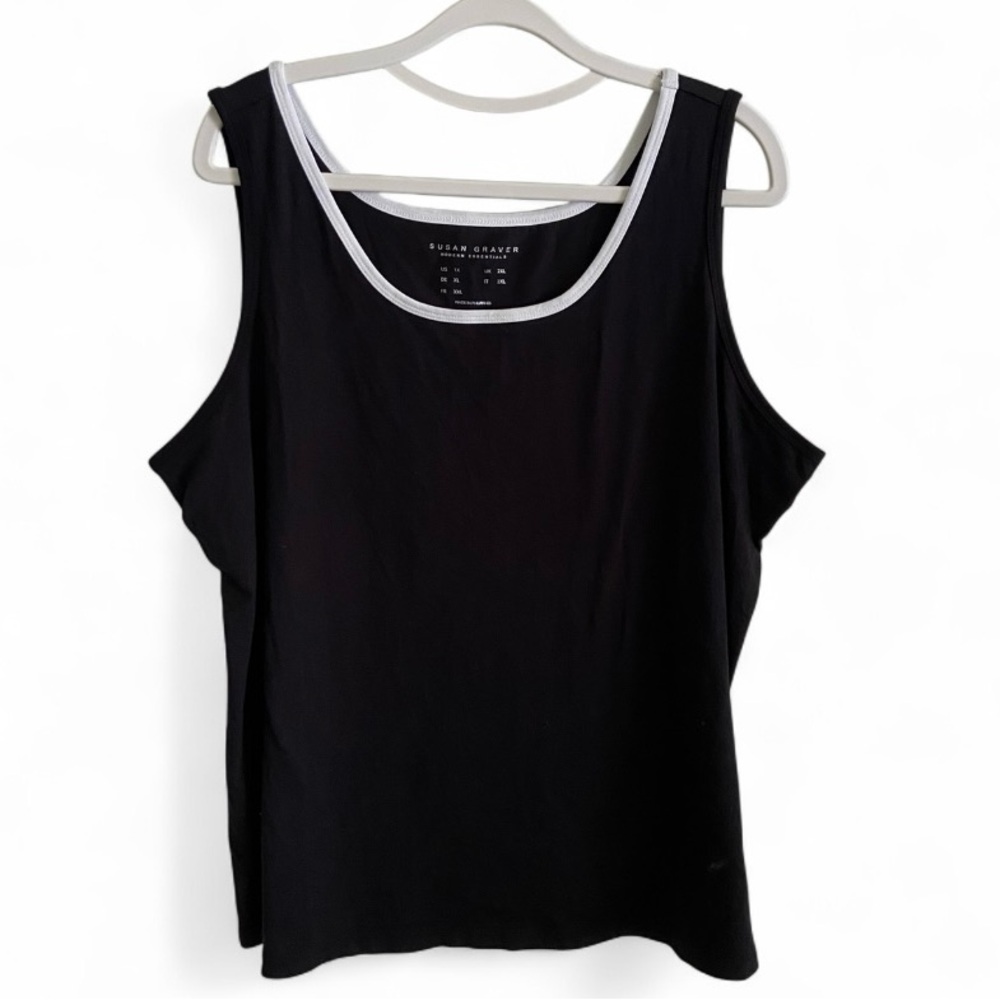 Susan Graver Basic Bold‎ Black Cotton Tank Top White Trim Womens Plus Size 1X